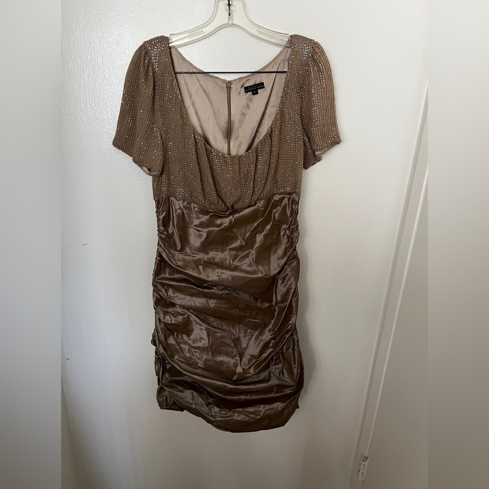 Bianca Nero vintage beaded Silk Dress ruched skirt 90s glam short sleeve L